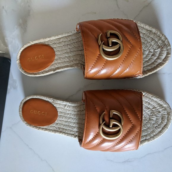 Gucci Tan Brown Pilar Espadrille Slide Sandals GG - Picture 2 of 9